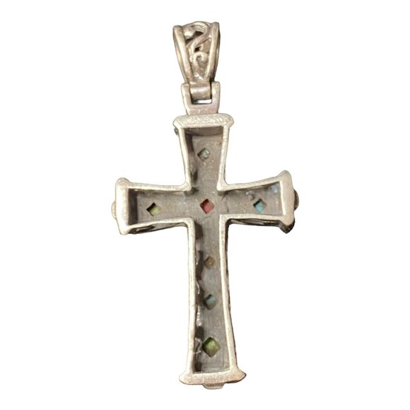 Cross Pendant With 7 Stones: Turquoise Red Coral Rhodonite Magnesite & Sterling - Picture 3 of 8